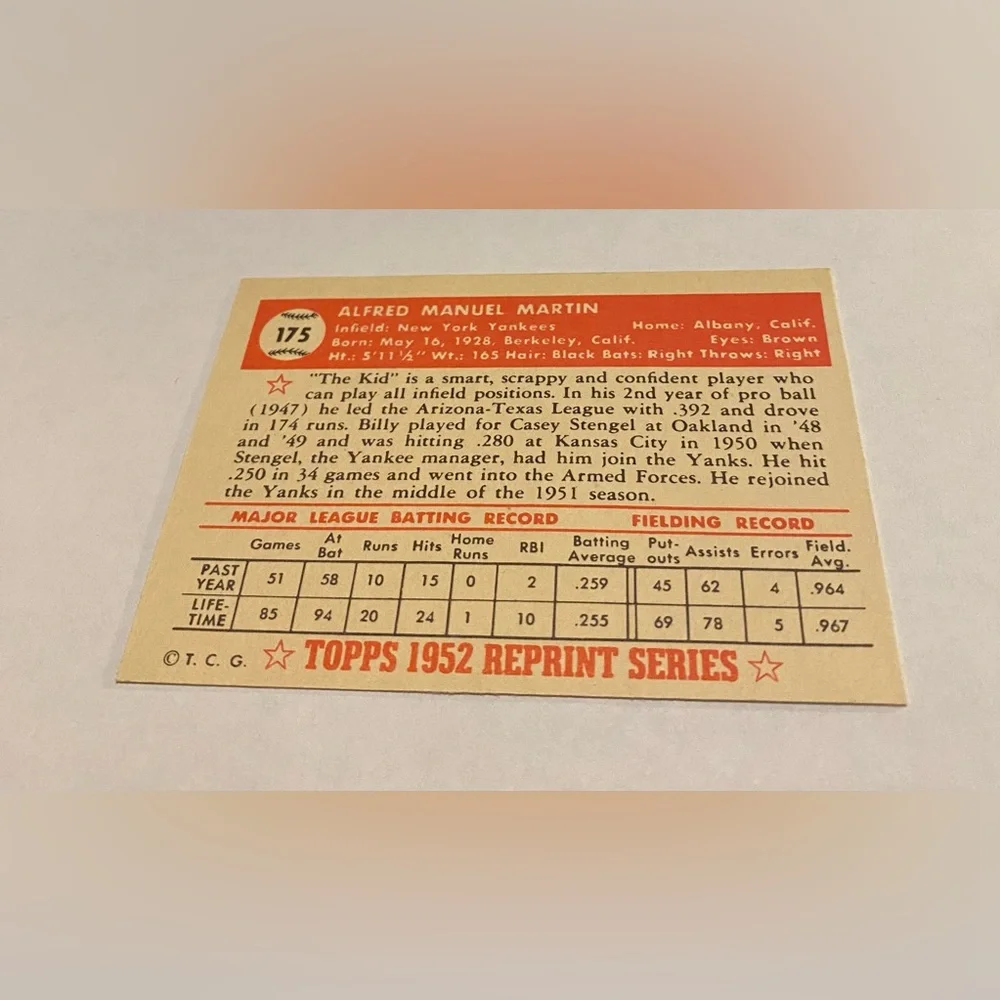 Billy Martin 1983 REPRINT 1952 Series Baseball Card # 175 Vintage Collectible